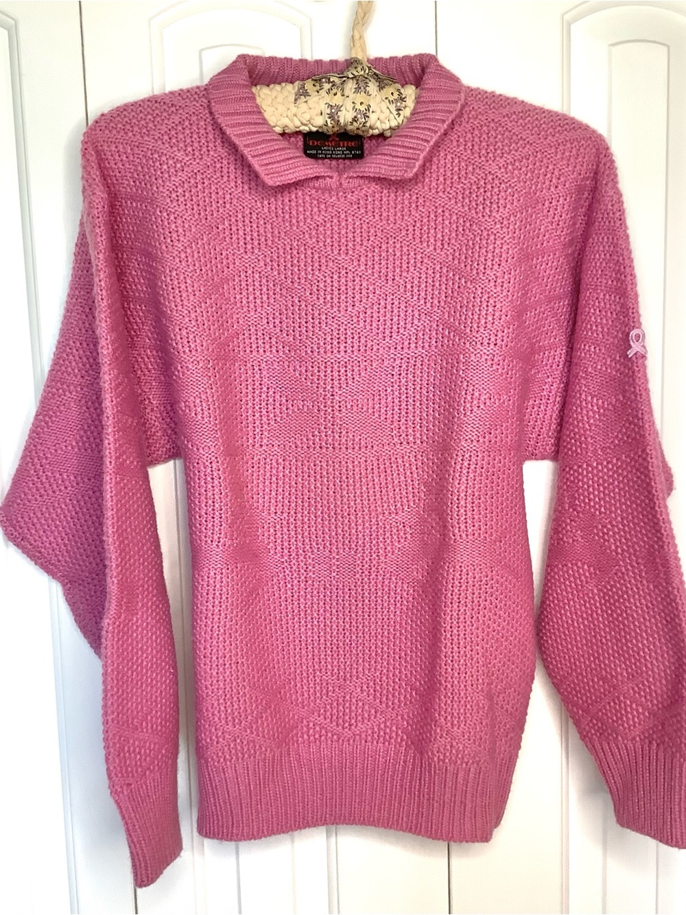 Demetre Vintage Pink Virgin Wool Breast Cancer Ski Sweater Diamond & Deer Motif
